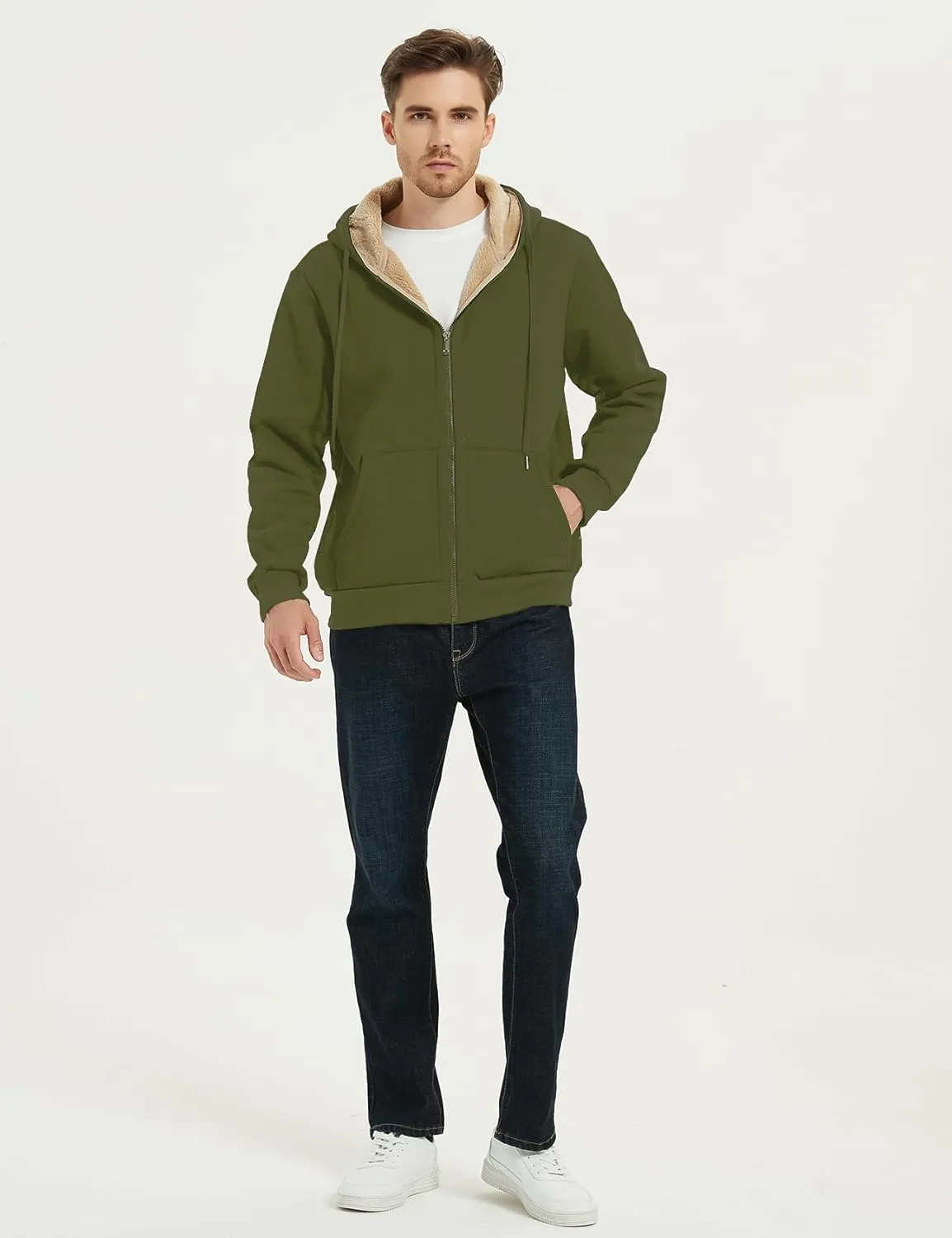 Flygo Men's Sherpa Hoodie Jacket Fleece Lined Zip Up Warm Hoodies Sweatshirt Winter Zipper Sweater Hooded Coat