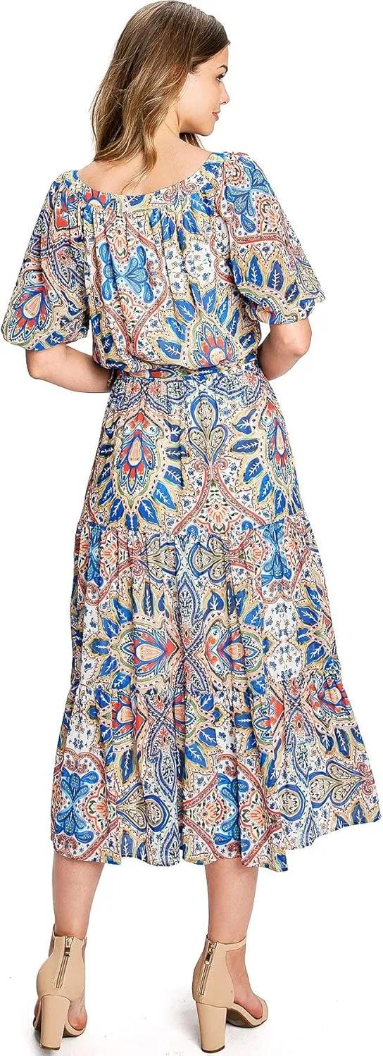 Flying Tomato Women's Paisley Floral Elegant Chiffon Midi Dress