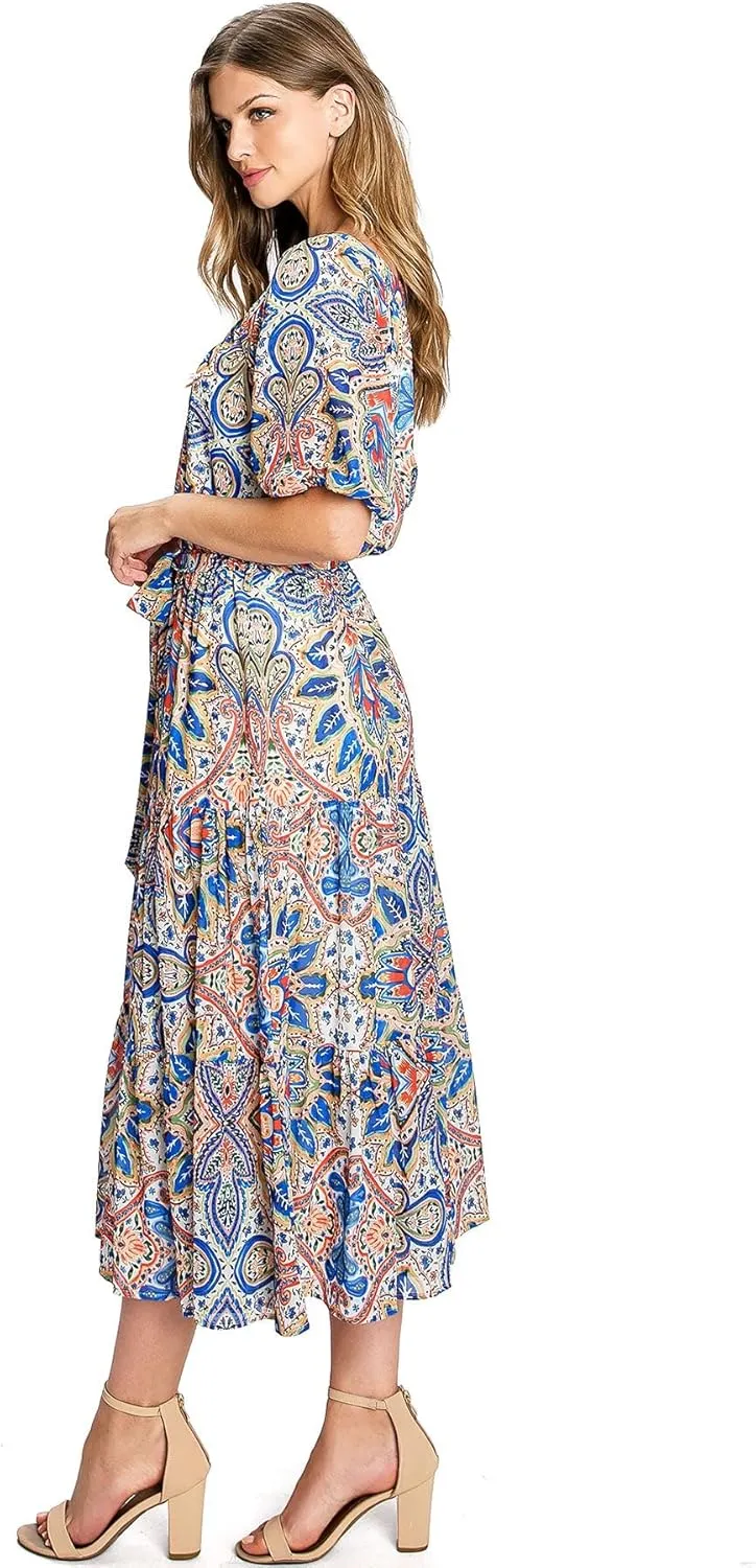 Flying Tomato Women's Paisley Floral Elegant Chiffon Midi Dress