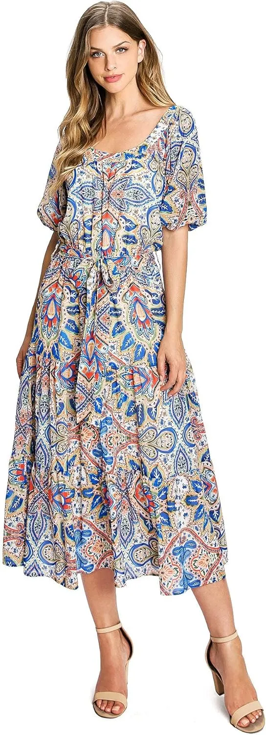 Flying Tomato Women's Paisley Floral Elegant Chiffon Midi Dress