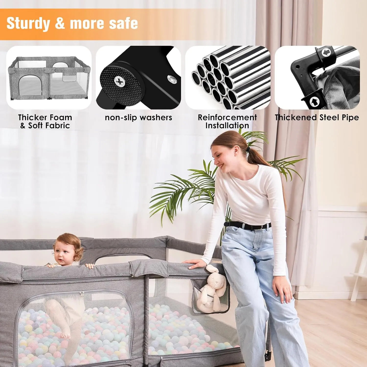 Foldable Baby Playpen with Gate, Extra Large Collapsible Play Yard for Babies & Toddlers, Portable Travel Play Pen with Fence, Safe Activity Center for Indoor & Outdoor Use (51"×51" Grey)