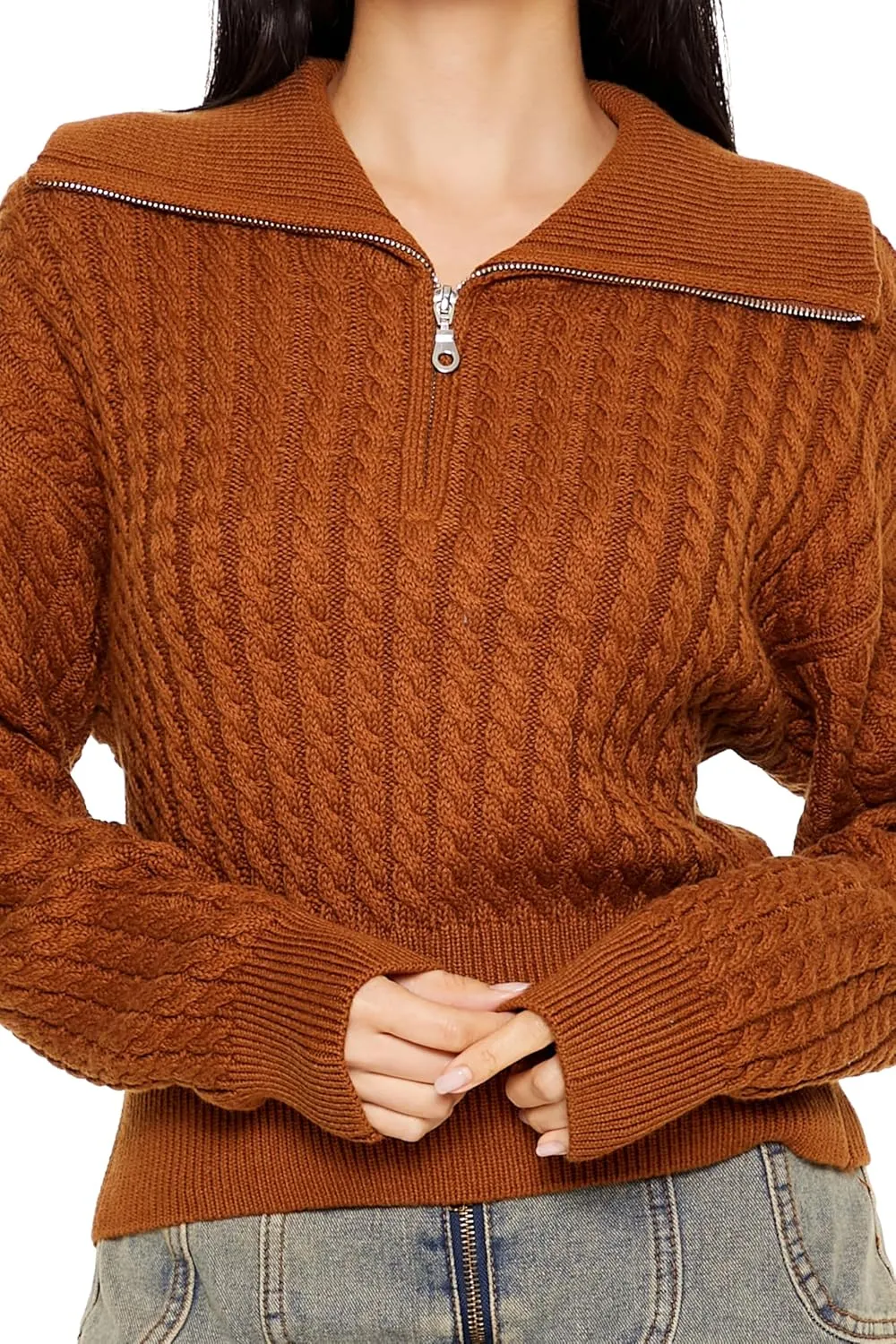 Forever 21 Women's Half-Zip Cable Knit Sweater