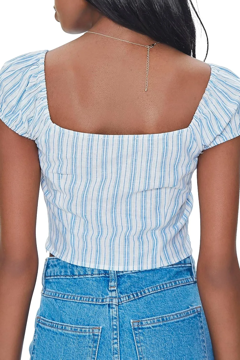 Forever 21 Women's Striped Linen-Blend Cutout Crop Top