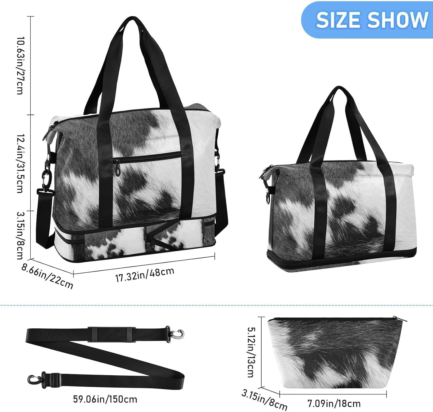 Fragment of a Skin of a Cow Black White Real Animal Skin Gym Duffel Bag, Polyester Travel Weekender Luggage Handbag with Waterproof Pocket for Wet Items, Unisex Foldable Tote for Sports