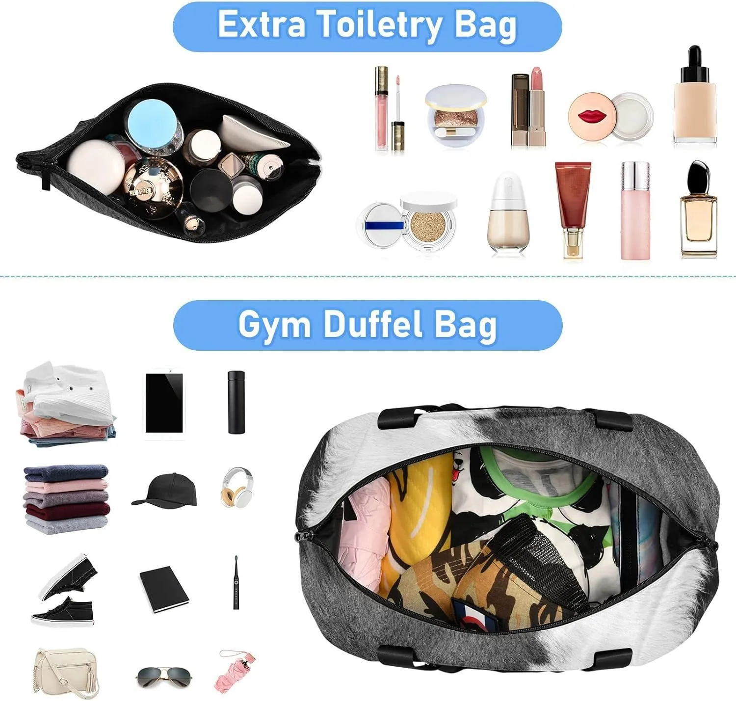 Fragment of a Skin of a Cow Black White Real Animal Skin Gym Duffel Bag, Polyester Travel Weekender Luggage Handbag with Waterproof Pocket for Wet Items, Unisex Foldable Tote for Sports