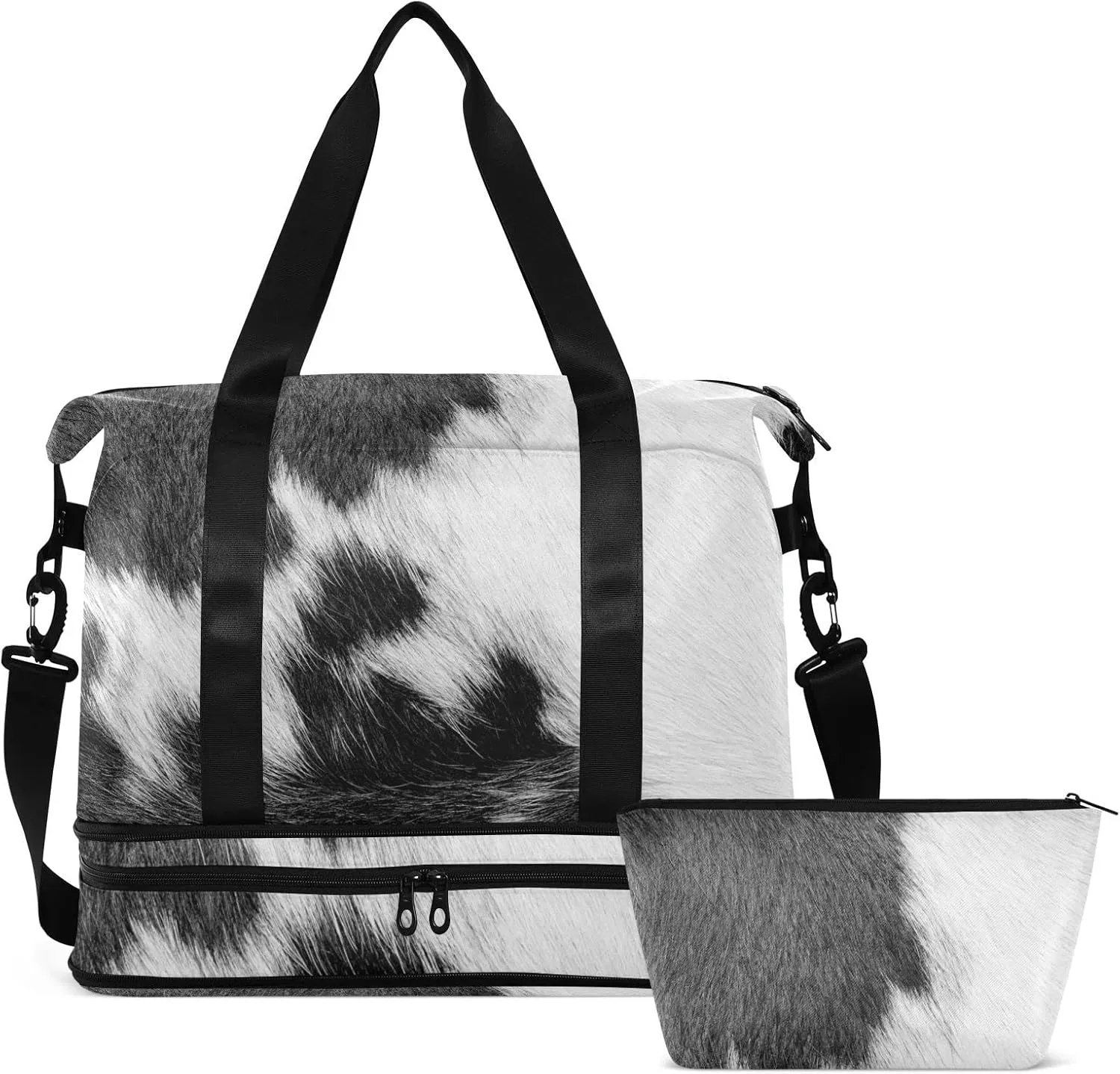 Fragment of a Skin of a Cow Black White Real Animal Skin Gym Duffel Bag, Polyester Travel Weekender Luggage Handbag with Waterproof Pocket for Wet Items, Unisex Foldable Tote for Sports