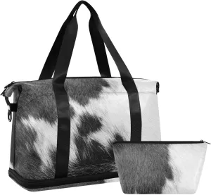 Fragment of a Skin of a Cow Black White Real Animal Skin Gym Duffel Bag, Polyester Travel Weekender Luggage Handbag with Waterproof Pocket for Wet Items, Unisex Foldable Tote for Sports