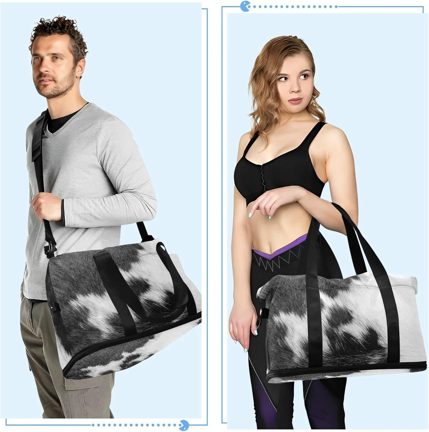 Fragment of a Skin of a Cow Black White Real Animal Skin Gym Duffel Bag, Polyester Travel Weekender Luggage Handbag with Waterproof Pocket for Wet Items, Unisex Foldable Tote for Sports