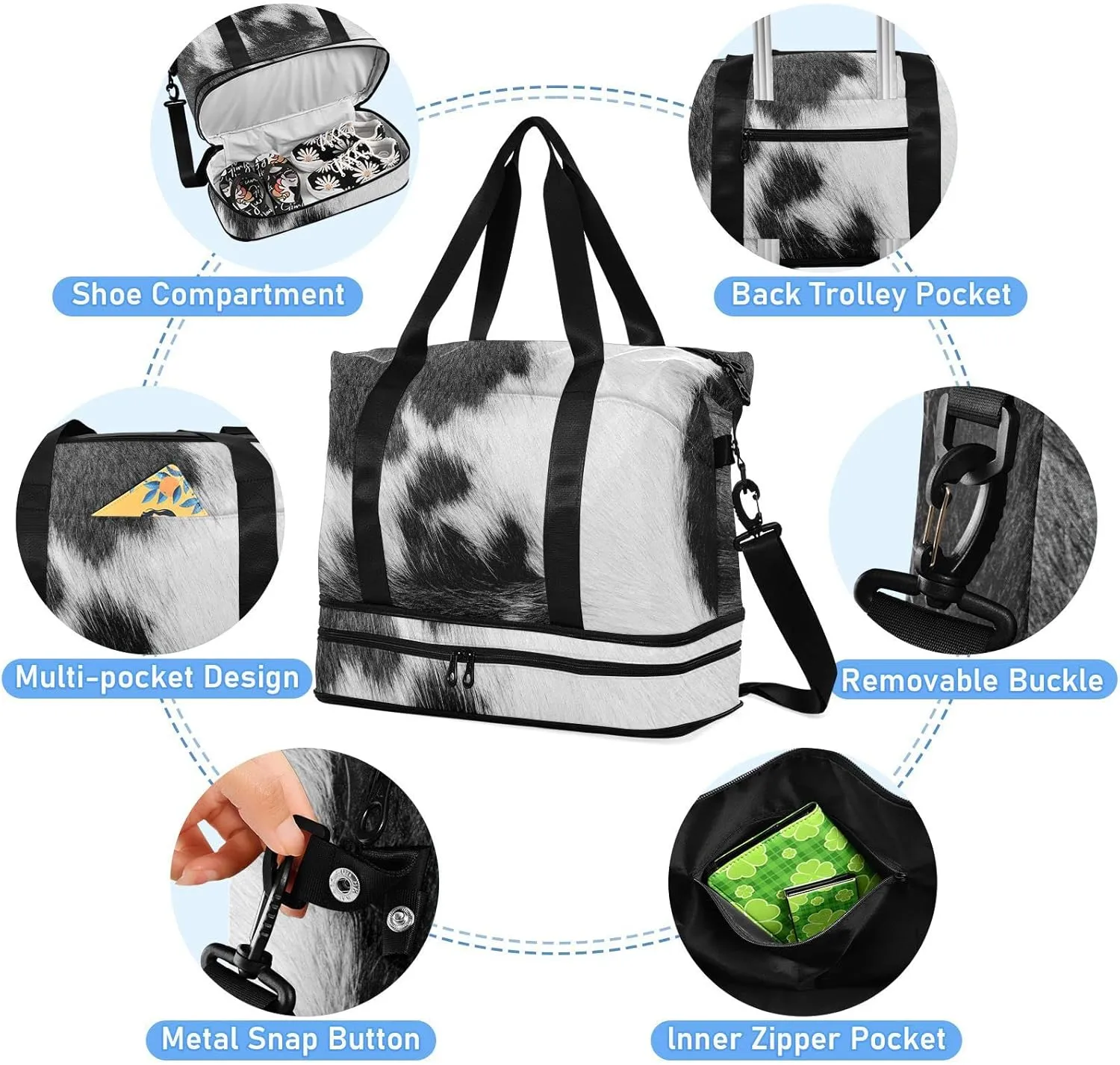 Fragment of a Skin of a Cow Black White Real Animal Skin Gym Duffel Bag, Polyester Travel Weekender Luggage Handbag with Waterproof Pocket for Wet Items, Unisex Foldable Tote for Sports