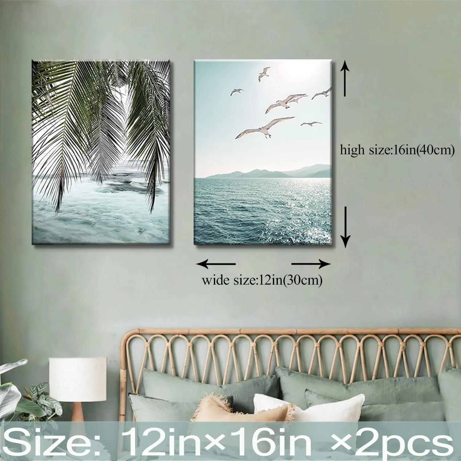 Framed Ocean Wall Art Beach Tropical Prints Bathroom Decor Canvas Turquoise Seascape Mint Green Paintings Coastal Pictures Palm Tree Artwork for Bedroom Living Room12"*16"*2