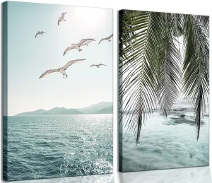 Framed Ocean Wall Art Beach Tropical Prints Bathroom Decor Canvas Turquoise Seascape Mint Green Paintings Coastal Pictures Palm Tree Artwork for Bedroom Living Room12"*16"*2