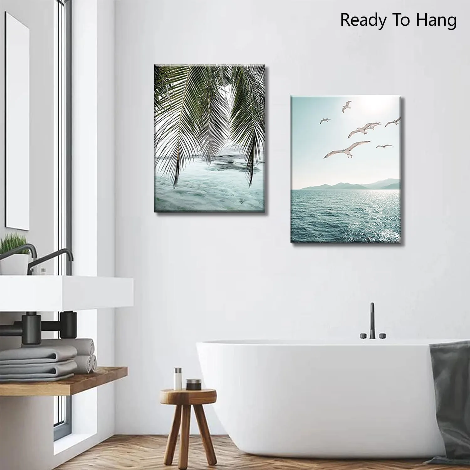 Framed Ocean Wall Art Beach Tropical Prints Bathroom Decor Canvas Turquoise Seascape Mint Green Paintings Coastal Pictures Palm Tree Artwork for Bedroom Living Room12"*16"*2