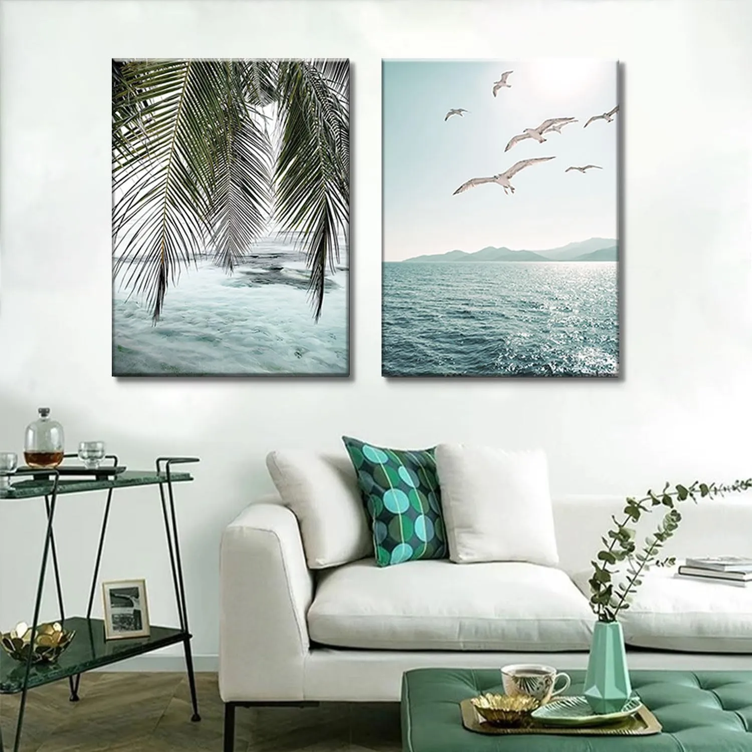 Framed Ocean Wall Art Beach Tropical Prints Bathroom Decor Canvas Turquoise Seascape Mint Green Paintings Coastal Pictures Palm Tree Artwork for Bedroom Living Room12"*16"*2