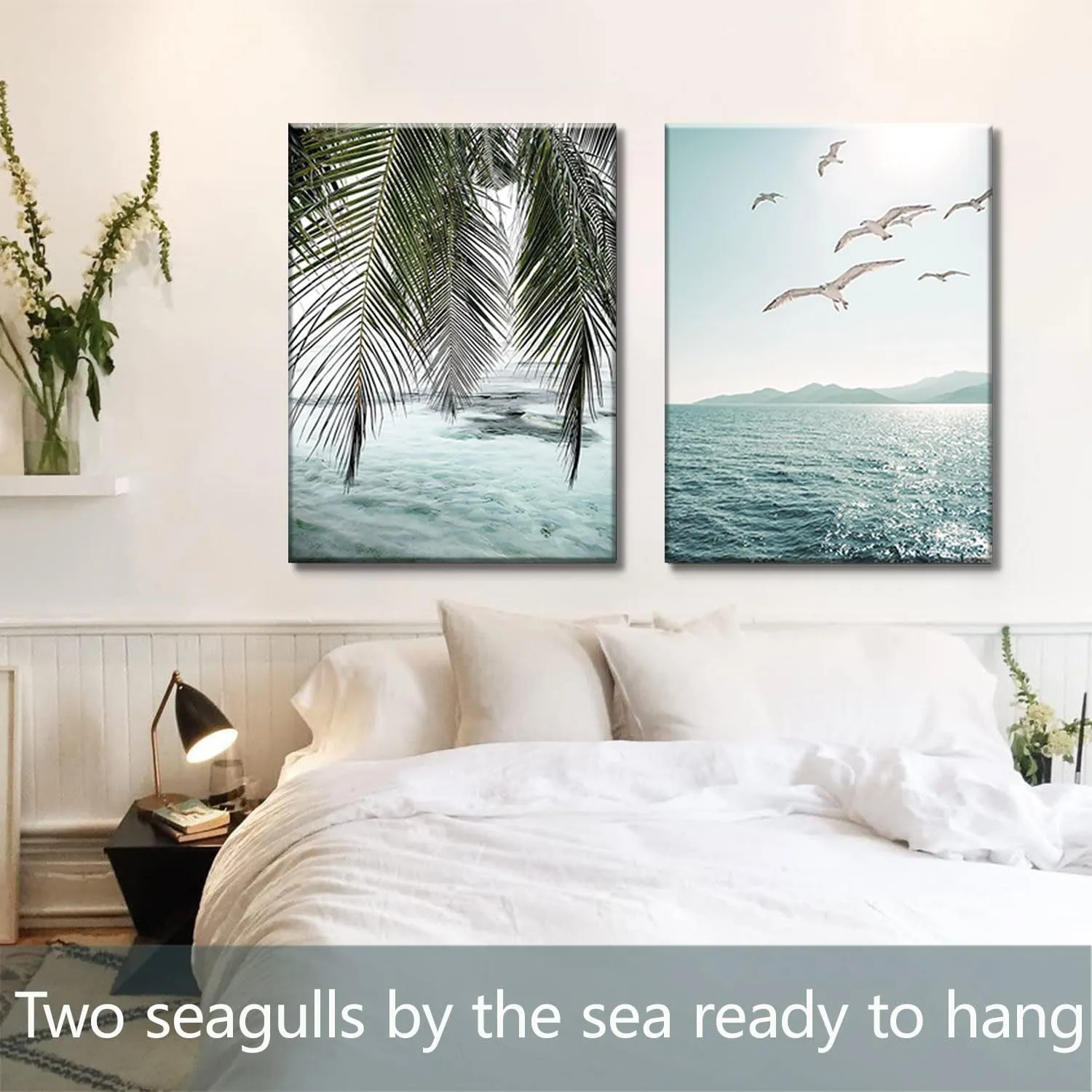 Framed Ocean Wall Art Beach Tropical Prints Bathroom Decor Canvas Turquoise Seascape Mint Green Paintings Coastal Pictures Palm Tree Artwork for Bedroom Living Room12"*16"*2