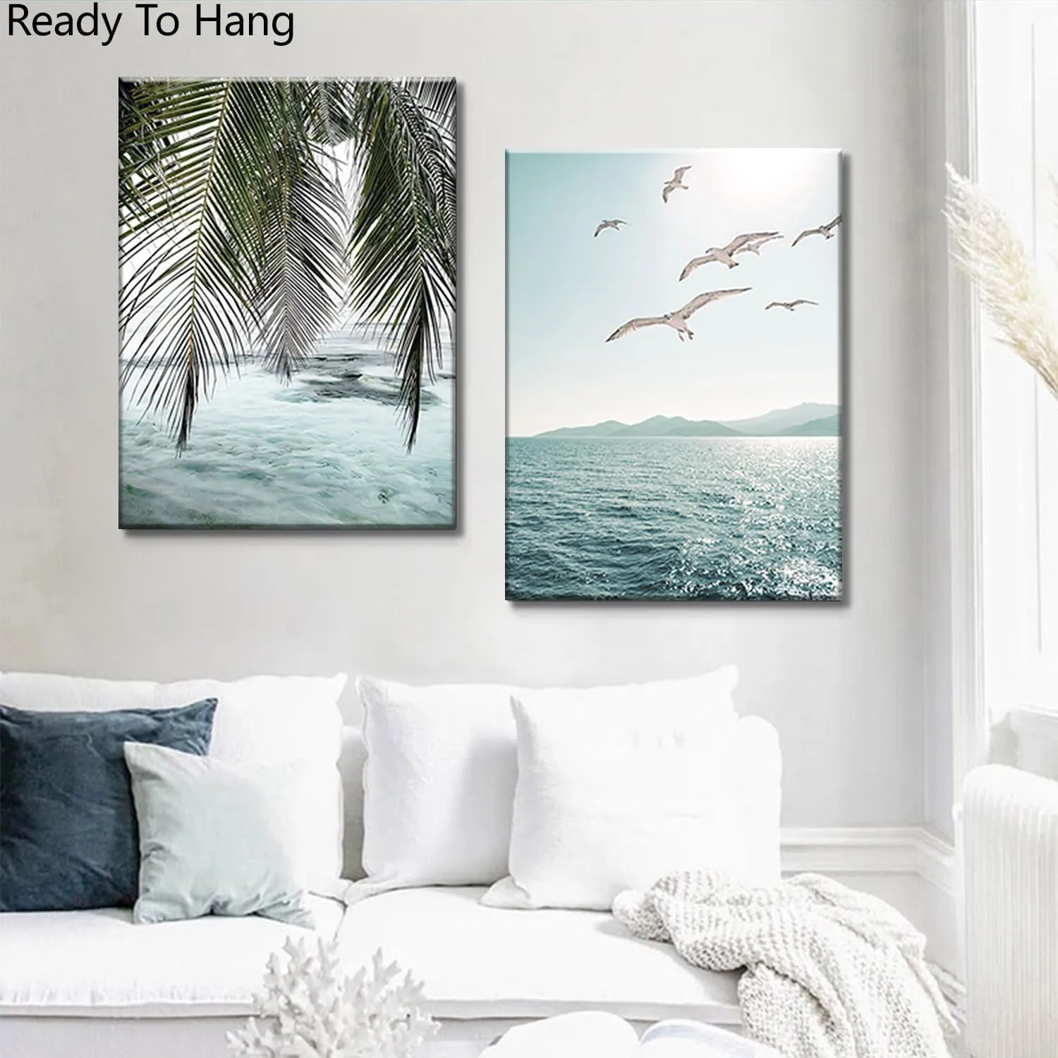 Framed Ocean Wall Art Beach Tropical Prints Bathroom Decor Canvas Turquoise Seascape Mint Green Paintings Coastal Pictures Palm Tree Artwork for Bedroom Living Room12"*16"*2