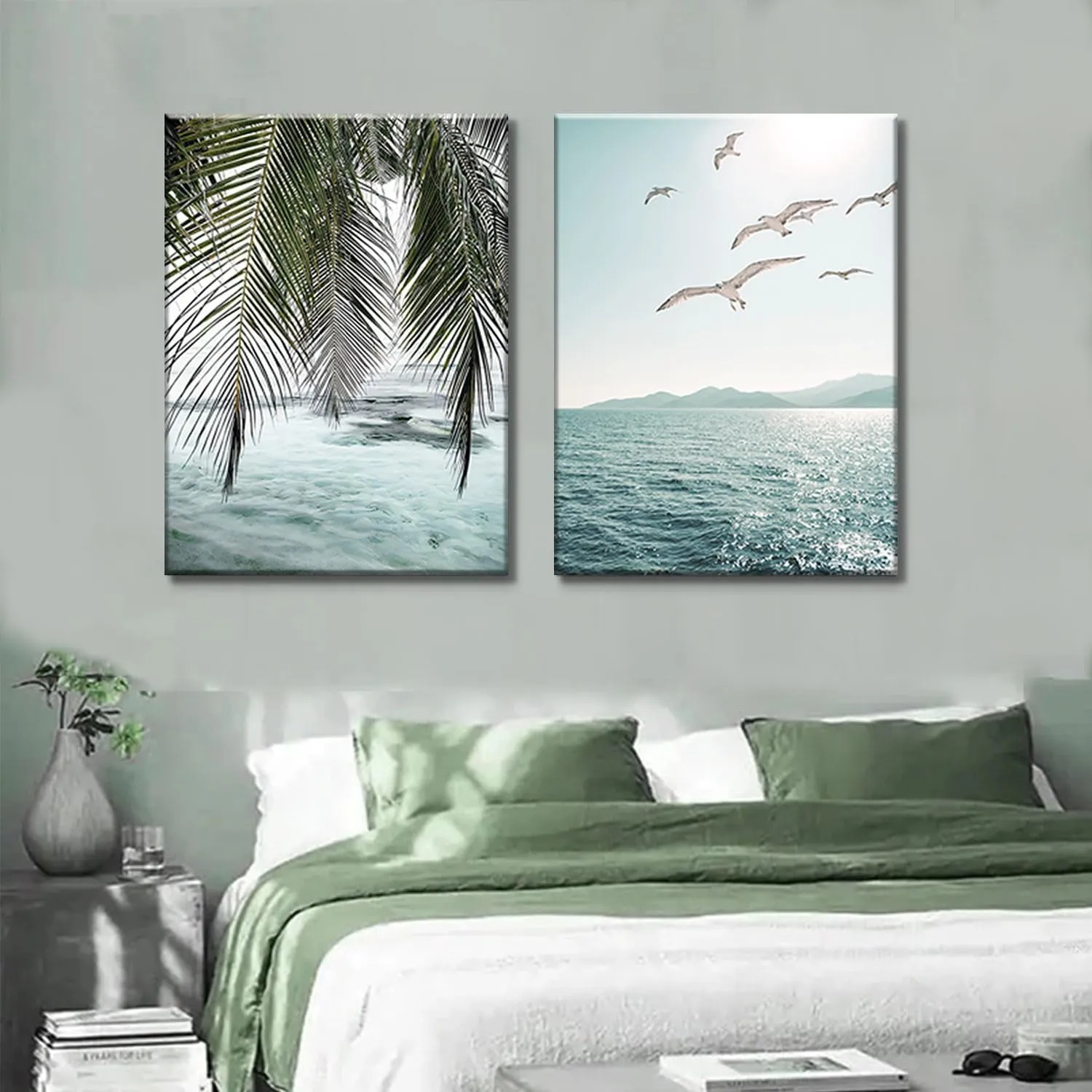 Framed Ocean Wall Art Beach Tropical Prints Bathroom Decor Canvas Turquoise Seascape Mint Green Paintings Coastal Pictures Palm Tree Artwork for Bedroom Living Room12"*16"*2