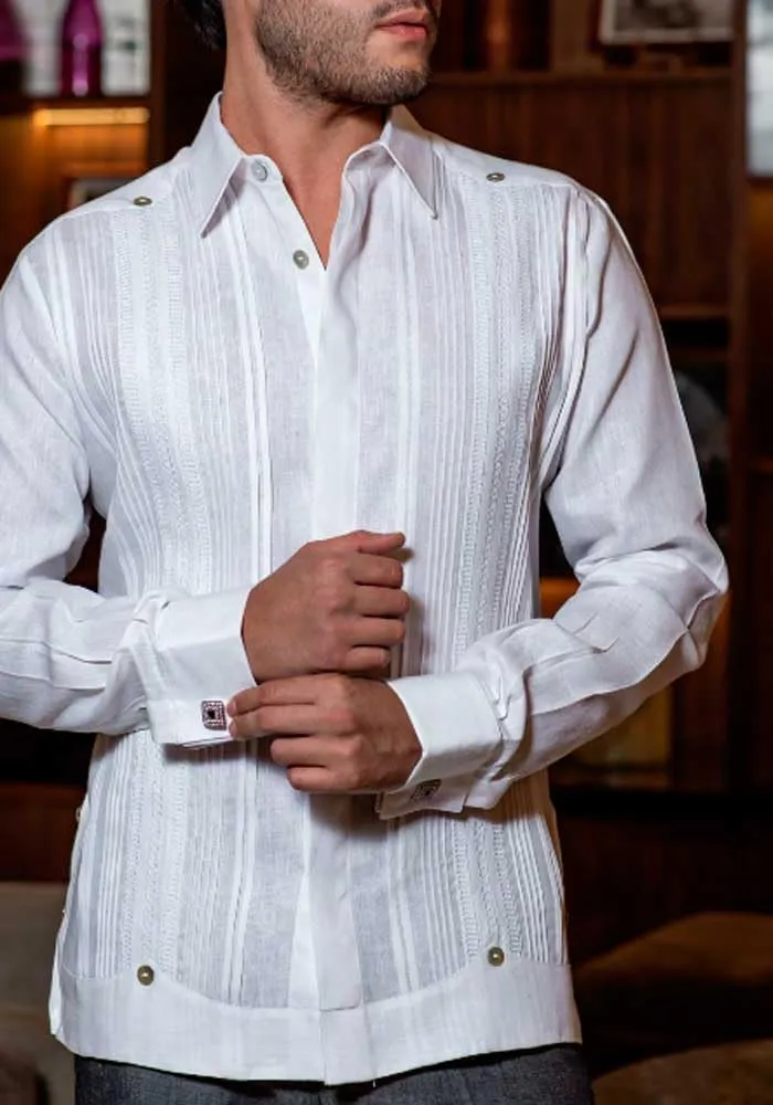 French Cuff Destination Wedding Linen Guayabera. Optic White. Cufflink Included. Grooms and Groomsmen