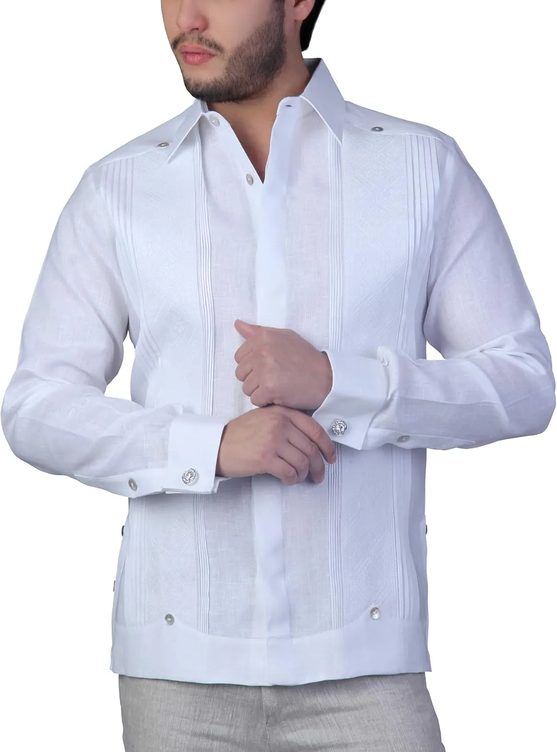 French Cuff Destination Wedding Linen Guayabera. Optic White. Cufflink Included. Grooms and Groomsmen