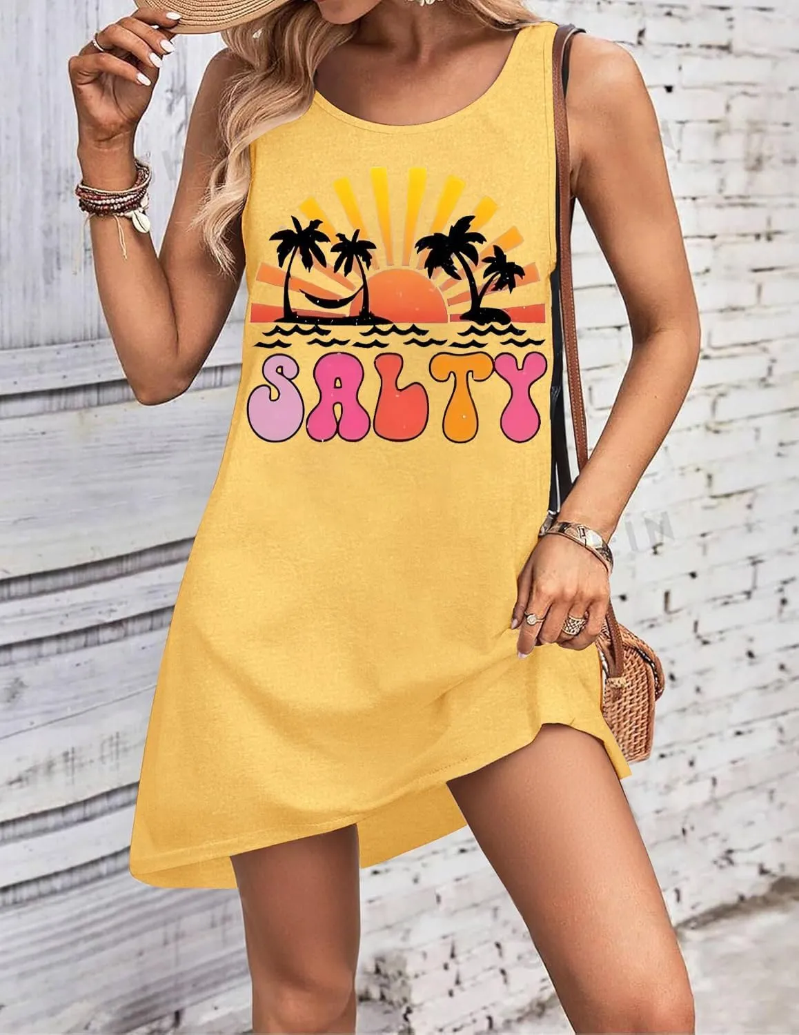 Funny Cute Sleeveless Letter Print Graphic Tank Dress for Women Summer Casual Beach Cover Up Hawaiian Vacation Outfits