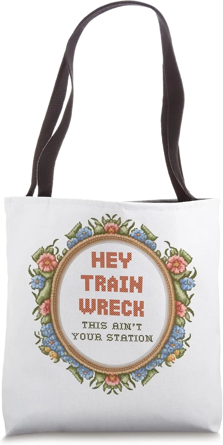 Funny Hey Train Wreck Cross Stitch Embroidery Sewing Tote Bag