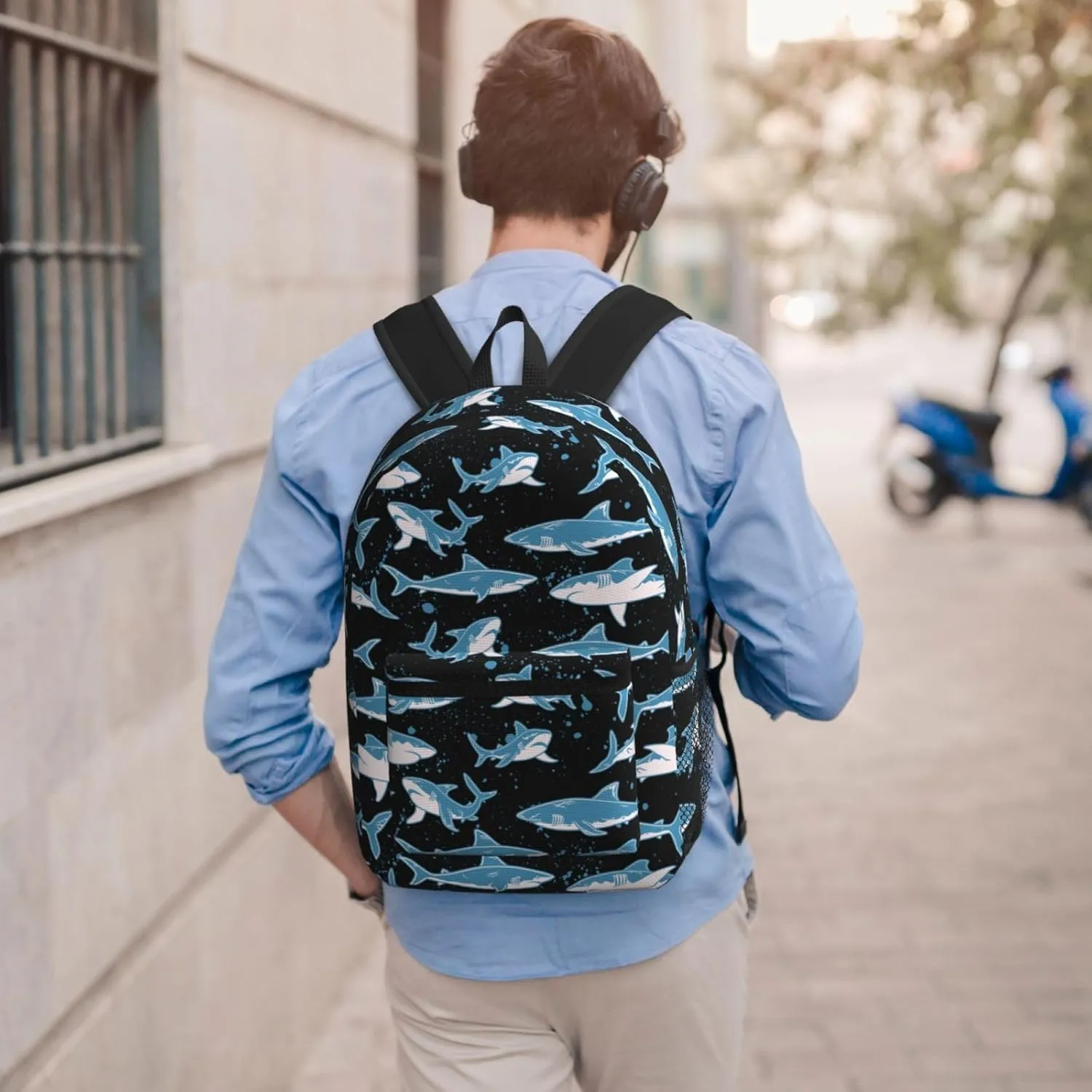 Funny sharks black background 17 Inch Backpacks Multipurpose Laptop Backpack Double Shoulder Bag for Men Women Gifts