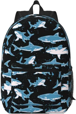 Funny sharks black background 17 Inch Backpacks Multipurpose Laptop Backpack Double Shoulder Bag for Men Women Gifts