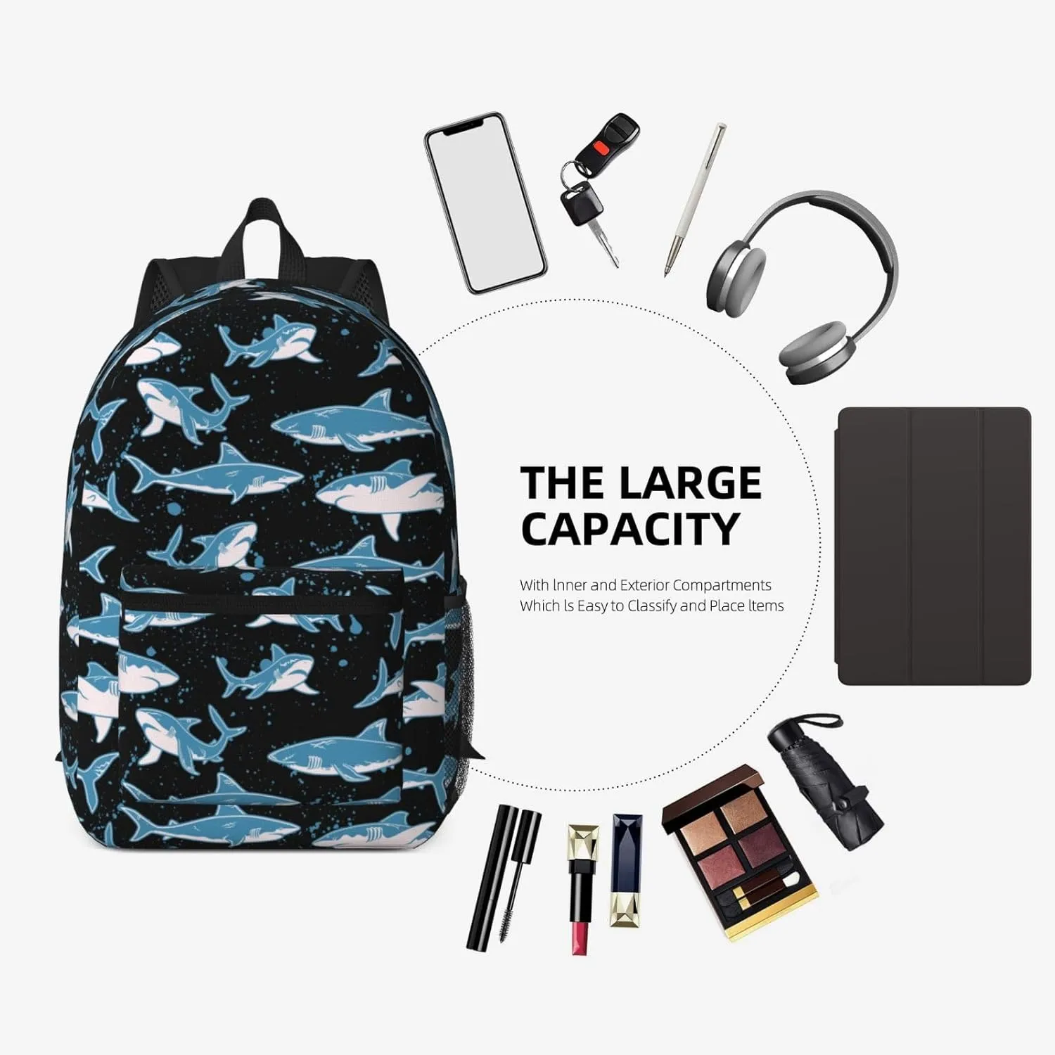 Funny sharks black background 17 Inch Backpacks Multipurpose Laptop Backpack Double Shoulder Bag for Men Women Gifts