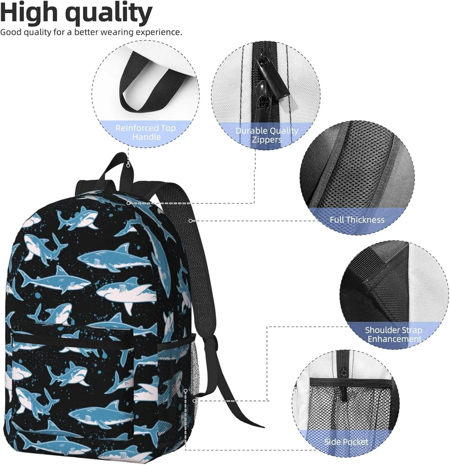 Funny sharks black background 17 Inch Backpacks Multipurpose Laptop Backpack Double Shoulder Bag for Men Women Gifts