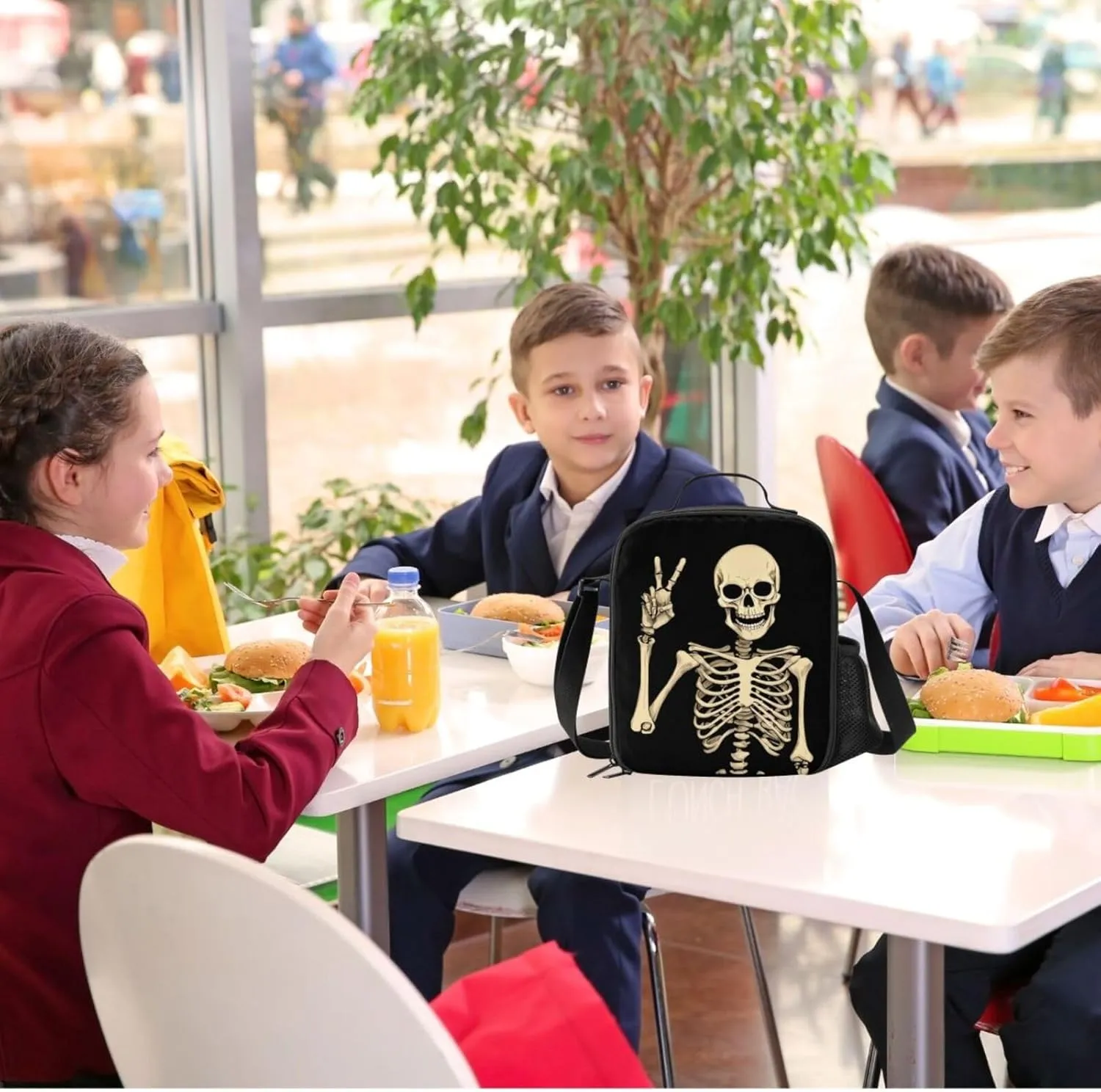 Funny Skull Lunch Bag Tote Lunch Box Food Bag for Boys Girls with Zipper & Side Pocket & Shoulder Strap