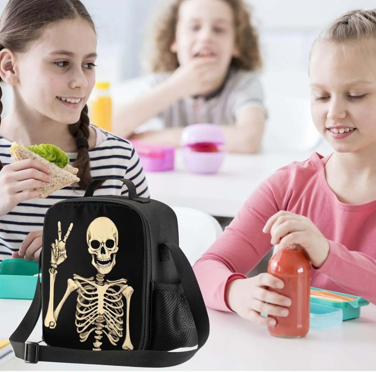 Funny Skull Lunch Bag Tote Lunch Box Food Bag for Boys Girls with Zipper & Side Pocket & Shoulder Strap