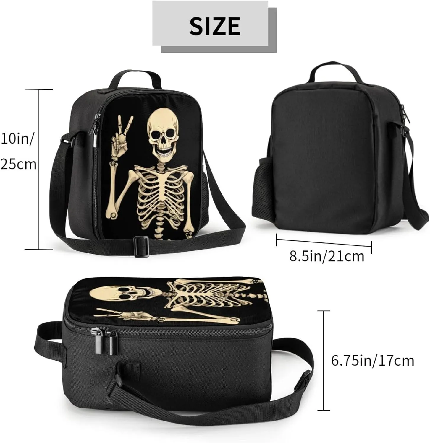 Funny Skull Lunch Bag Tote Lunch Box Food Bag for Boys Girls with Zipper & Side Pocket & Shoulder Strap