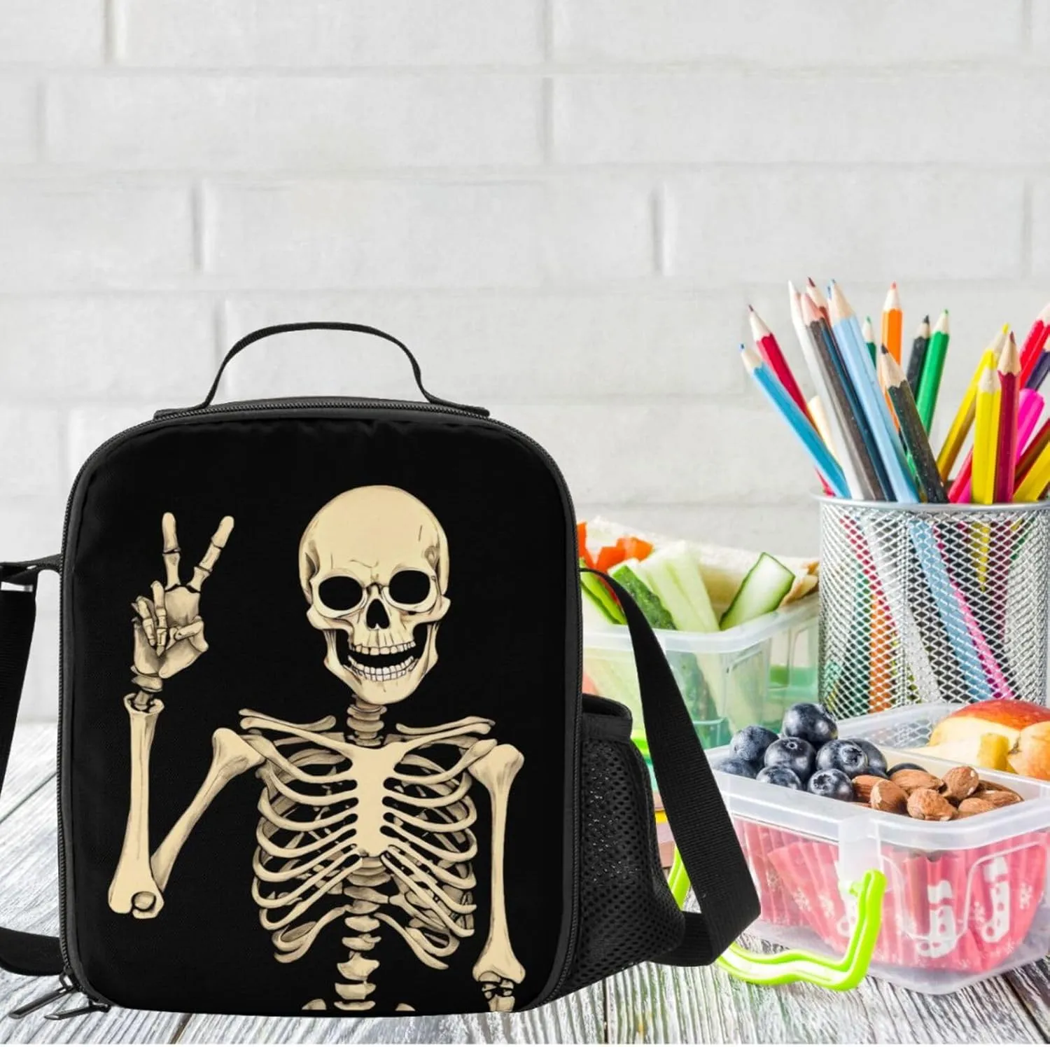 Funny Skull Lunch Bag Tote Lunch Box Food Bag for Boys Girls with Zipper & Side Pocket & Shoulder Strap