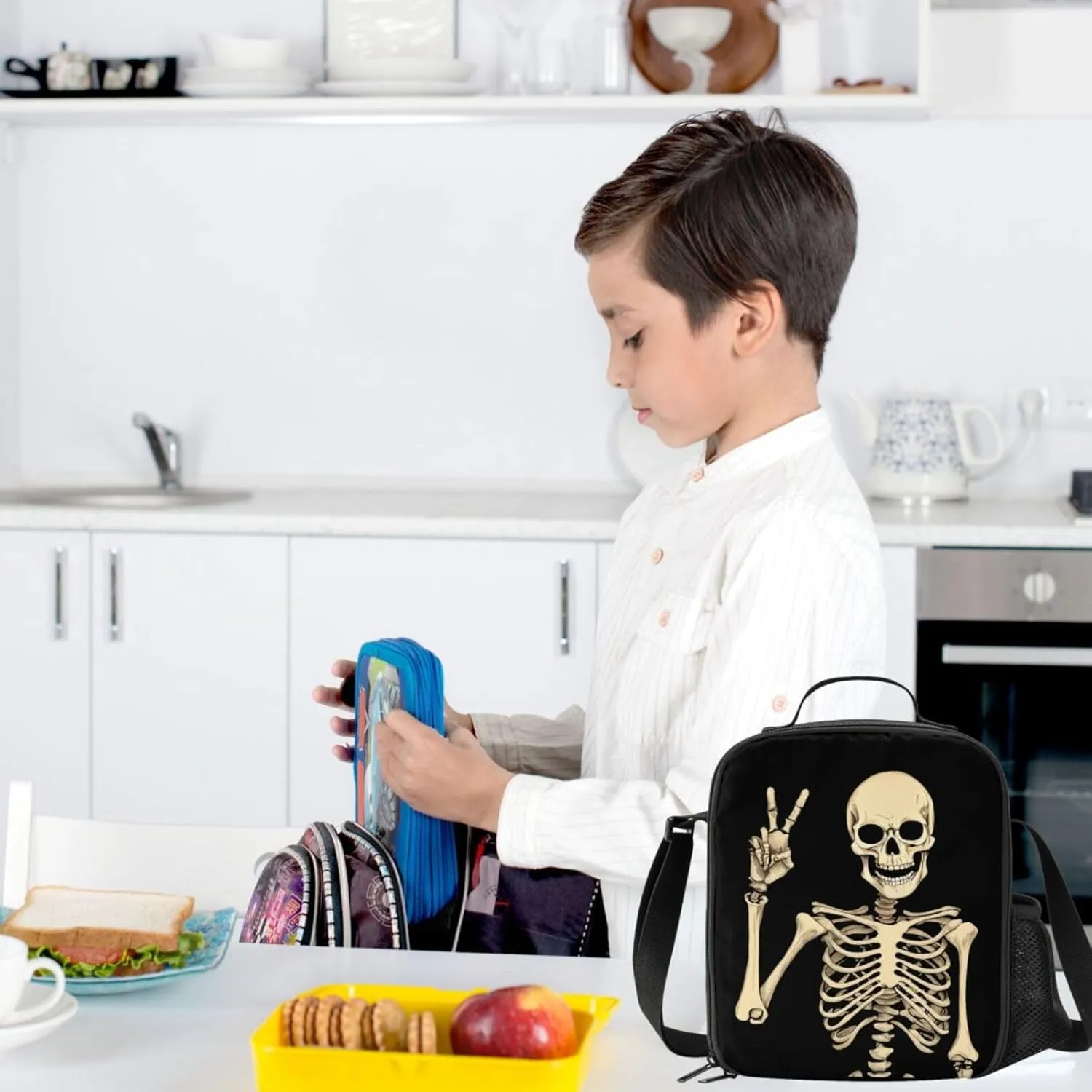 Funny Skull Lunch Bag Tote Lunch Box Food Bag for Boys Girls with Zipper & Side Pocket & Shoulder Strap