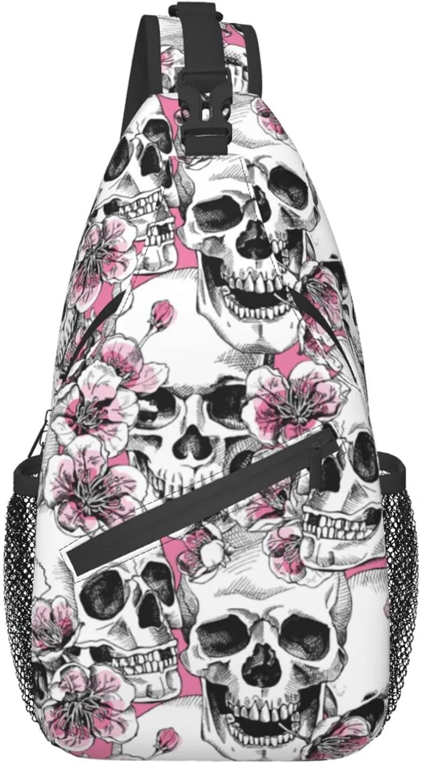FyLybois Skull Sling Bag Multipurpose Crossbody Backpack For Women Chest Daypack Outdoor Cycling Hiking Travel