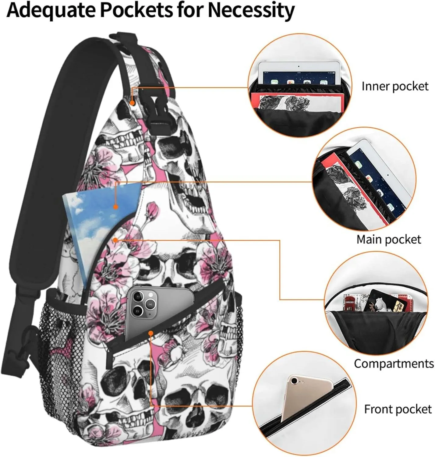 FyLybois Skull Sling Bag Multipurpose Crossbody Backpack For Women Chest Daypack Outdoor Cycling Hiking Travel