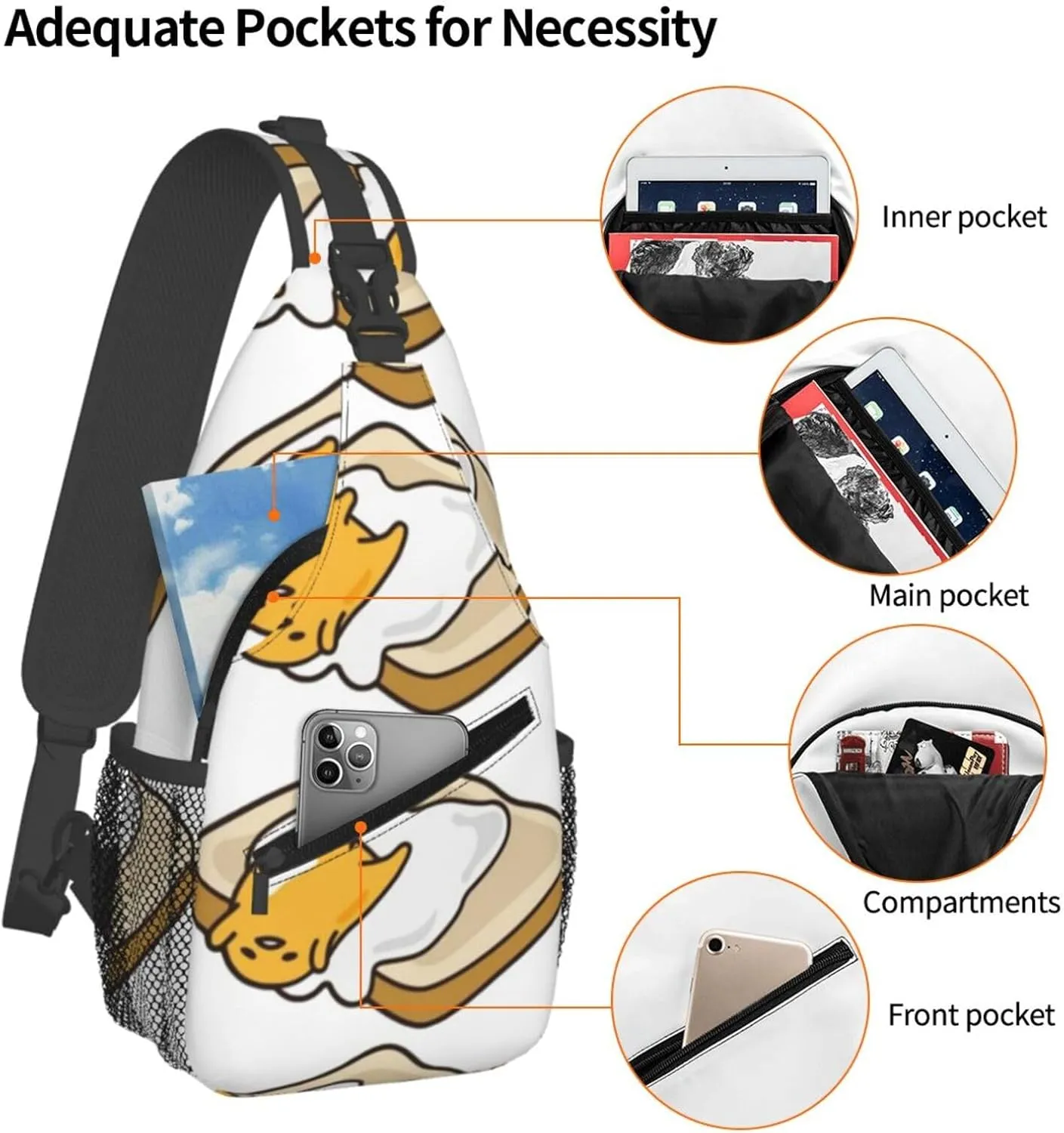G-udetama Crossbody Chest Bag, Crossbody Convertible Shoulder Bag With Front Pocket, Single Shoulder Chest Bag Black