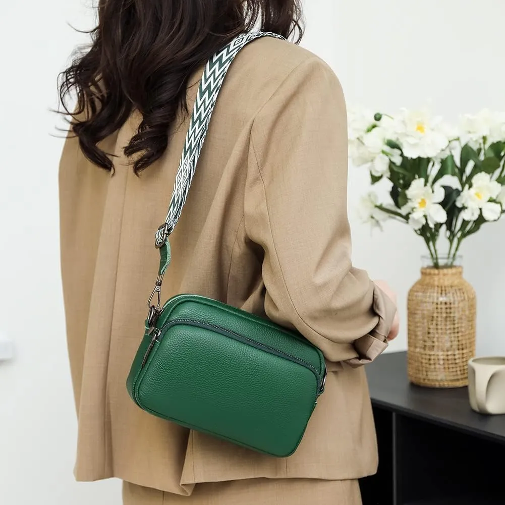 Genuine Leather Crossbody Bag for Women, Shoulder Bag with Adjustable Wide Strap Casual Ladies Handbag