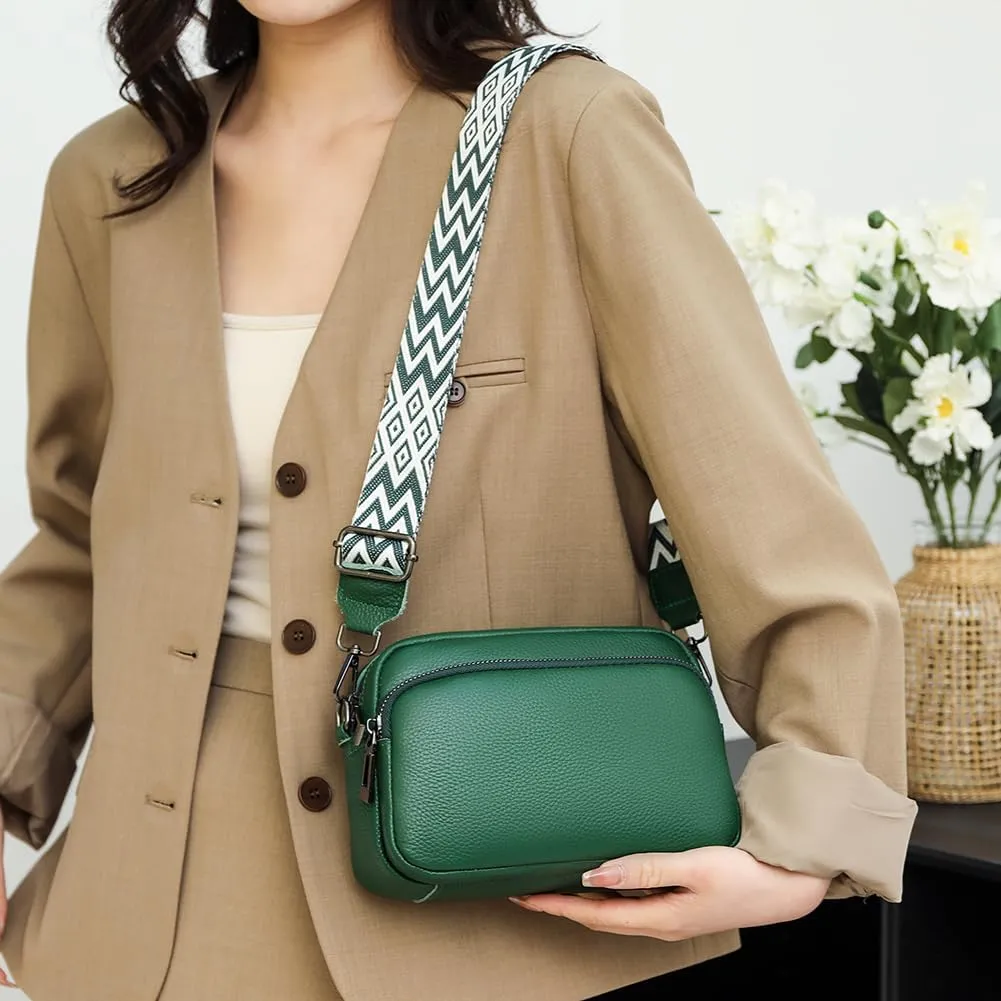 Genuine Leather Crossbody Bag for Women, Shoulder Bag with Adjustable Wide Strap Casual Ladies Handbag