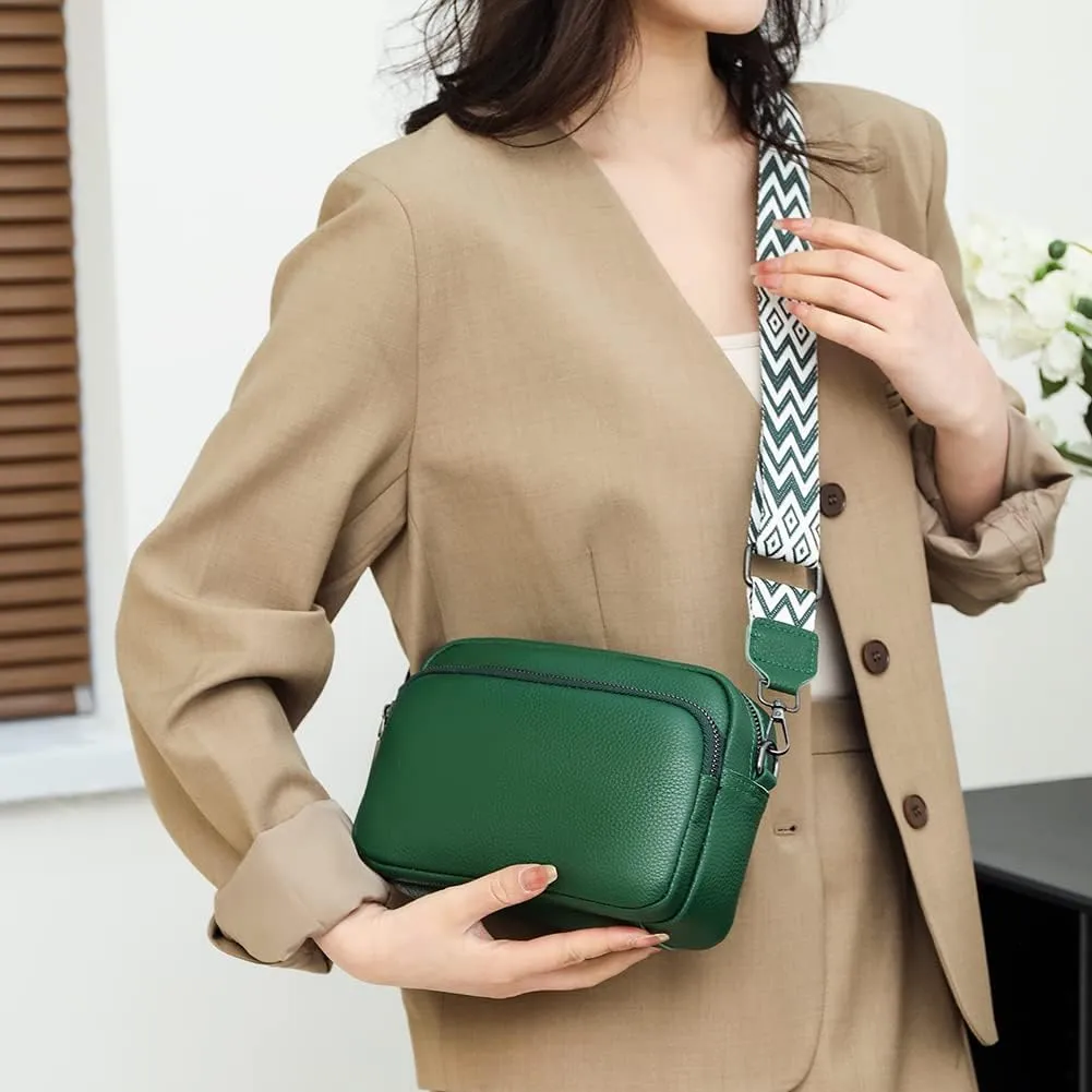 Genuine Leather Crossbody Bag for Women, Shoulder Bag with Adjustable Wide Strap Casual Ladies Handbag