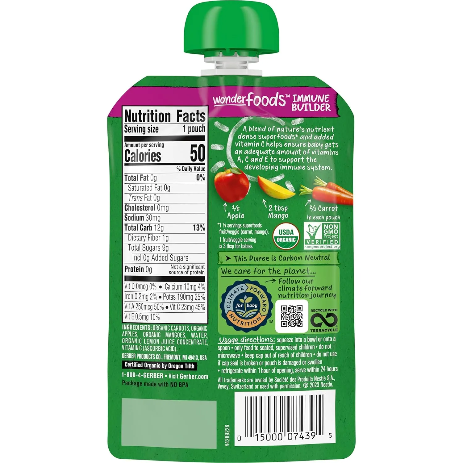 Gerber Organic Baby Food Pouches, 2nd Foods for Sitter, WonderFoods, Carrot Apple Mango, 3.5 Ounce (Pack of 12)