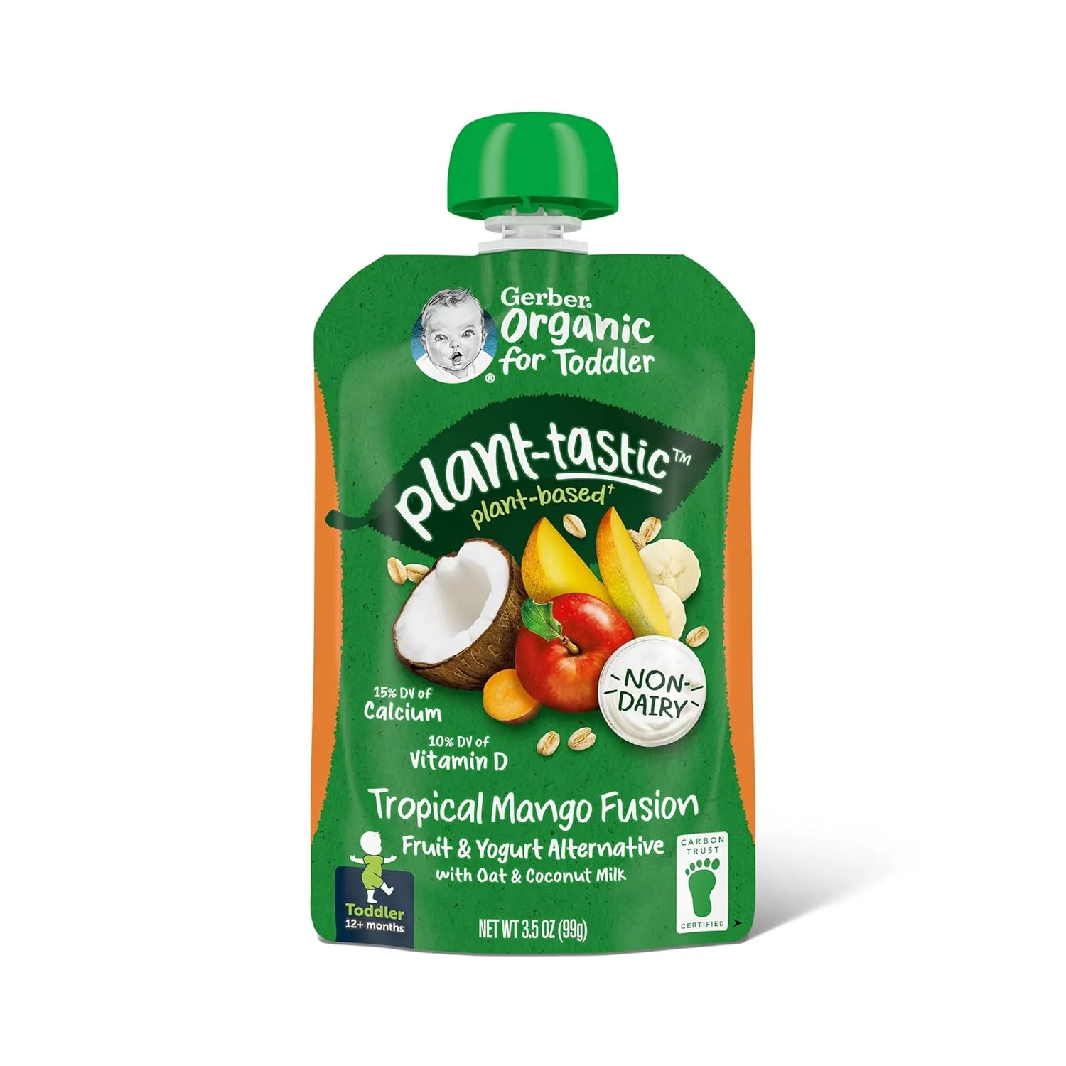 Gerber Organic Baby Food Pouches, Toddler, Plant-tastic, Tropical Mango Fusion, Fruit & Yogurt Alternative with Oat & Coconut Milk, Non-Dairy, 3.5 oz (Pack of 12)