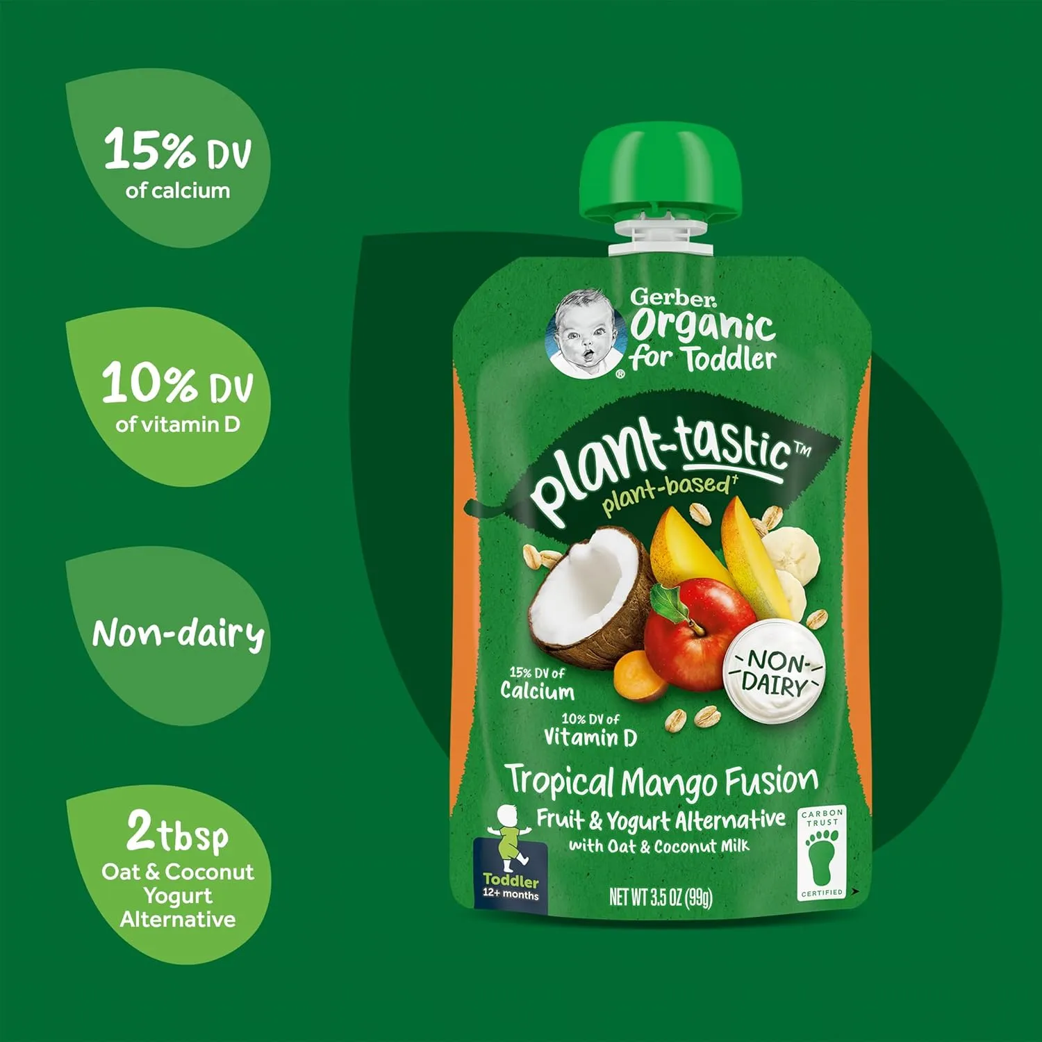 Gerber Organic Baby Food Pouches, Toddler, Plant-tastic, Tropical Mango Fusion, Fruit & Yogurt Alternative with Oat & Coconut Milk, Non-Dairy, 3.5 oz (Pack of 12)