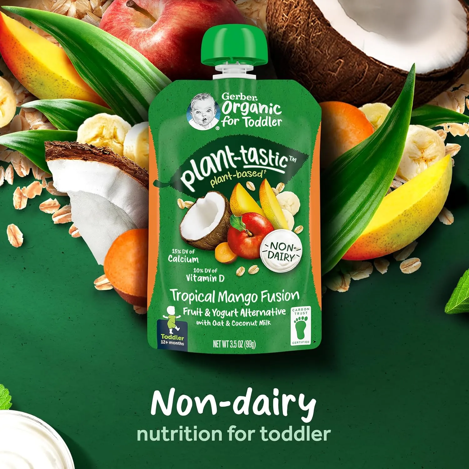 Gerber Organic Baby Food Pouches, Toddler, Plant-tastic, Tropical Mango Fusion, Fruit & Yogurt Alternative with Oat & Coconut Milk, Non-Dairy, 3.5 oz (Pack of 12)