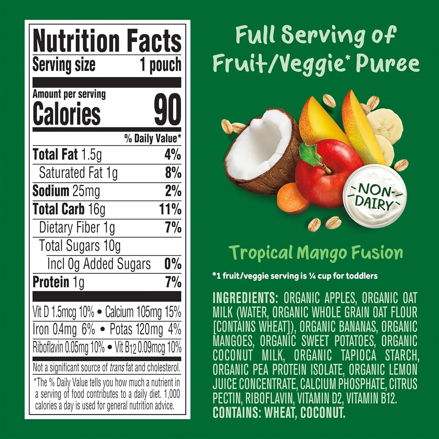 Gerber Organic Baby Food Pouches, Toddler, Plant-tastic, Tropical Mango Fusion, Fruit & Yogurt Alternative with Oat & Coconut Milk, Non-Dairy, 3.5 oz (Pack of 12)