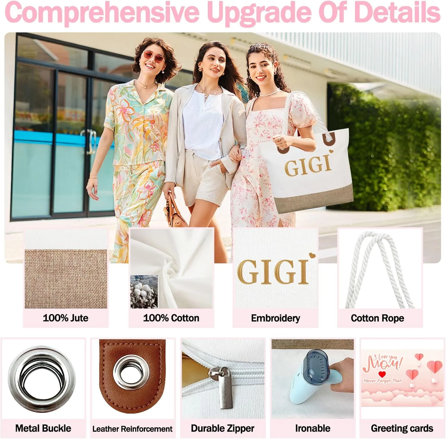 GhvyenntteS Gigi Gifts for Grandma, Birthday Gifts for Gigi Tote Bag with Zipper, Beach Tote Bag - Perfect for Birthday, Mothers Day, Christmas