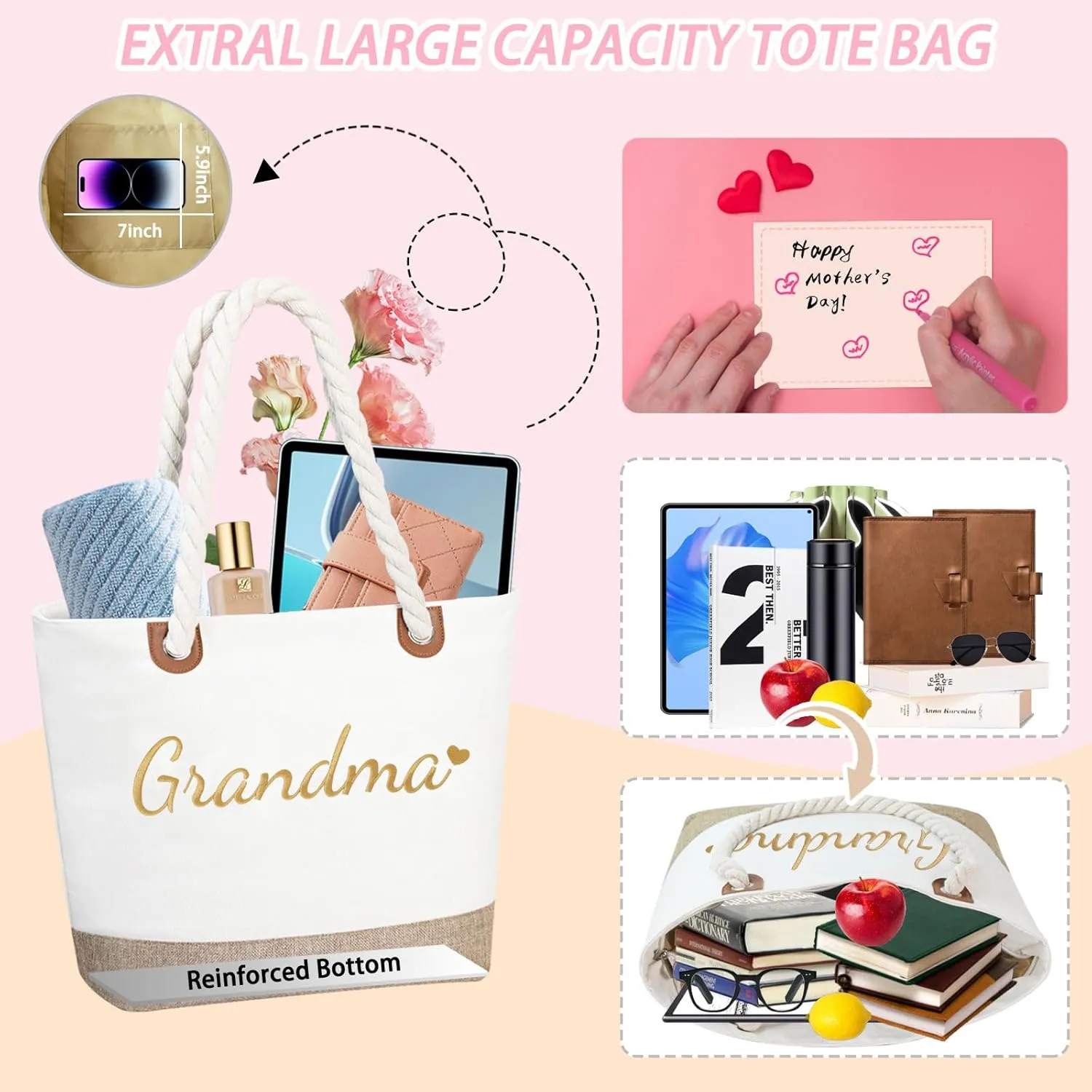 GhvyenntteS Grandma Gifts, Grandma Tote Bag with Zipper, Birthday Gifts for Women, Personalized Tote Bag for Women