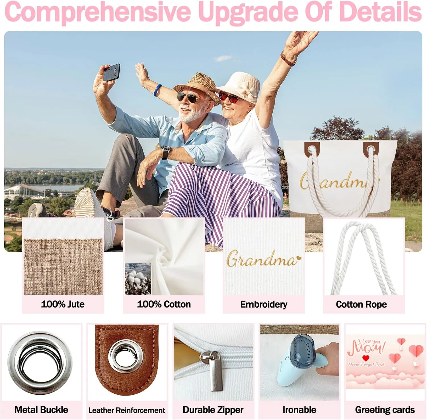 GhvyenntteS Grandma Gifts, Grandma Tote Bag with Zipper, Birthday Gifts for Women, Personalized Tote Bag for Women