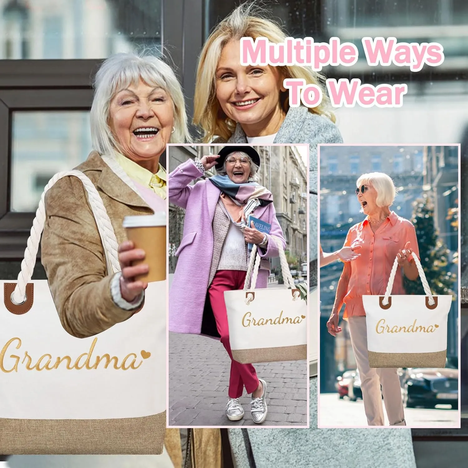 GhvyenntteS Grandma Gifts, Grandma Tote Bag with Zipper, Birthday Gifts for Women, Personalized Tote Bag for Women