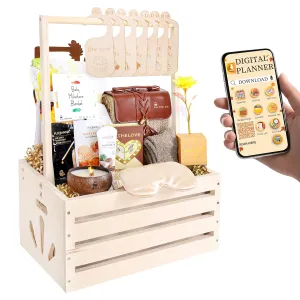 Gifts Included Wooden Baby Shower Crate – No Props, Luxury Keepsake Gift Box with Self-Care Essentials for New Moms: Affirmation Cards, Rattan Handbag, Milestone Blanket, Candle, and More