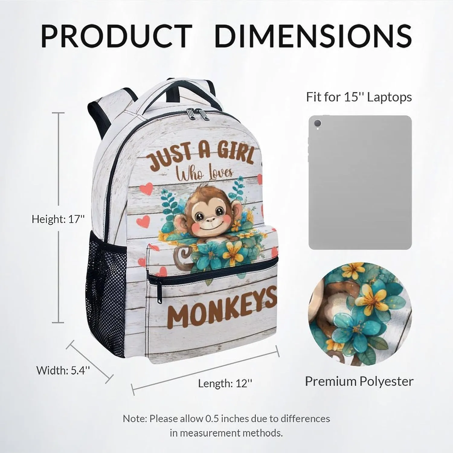 Girls Backpack - 17 Inch Large Capacity Monkey Bookbag - Lightweight Cute Kids' Backpacks for Elementary, Preschool & Travel